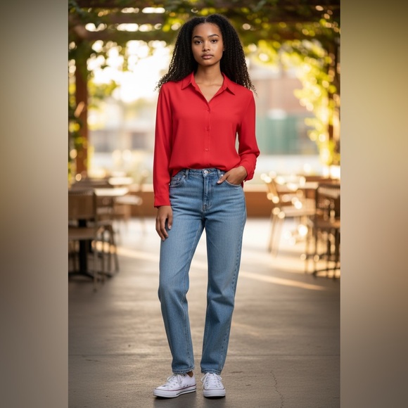 New York & Company Tops - NY & Co Red Button Front Blouse Medium Long Sleeve Career Work Shirt